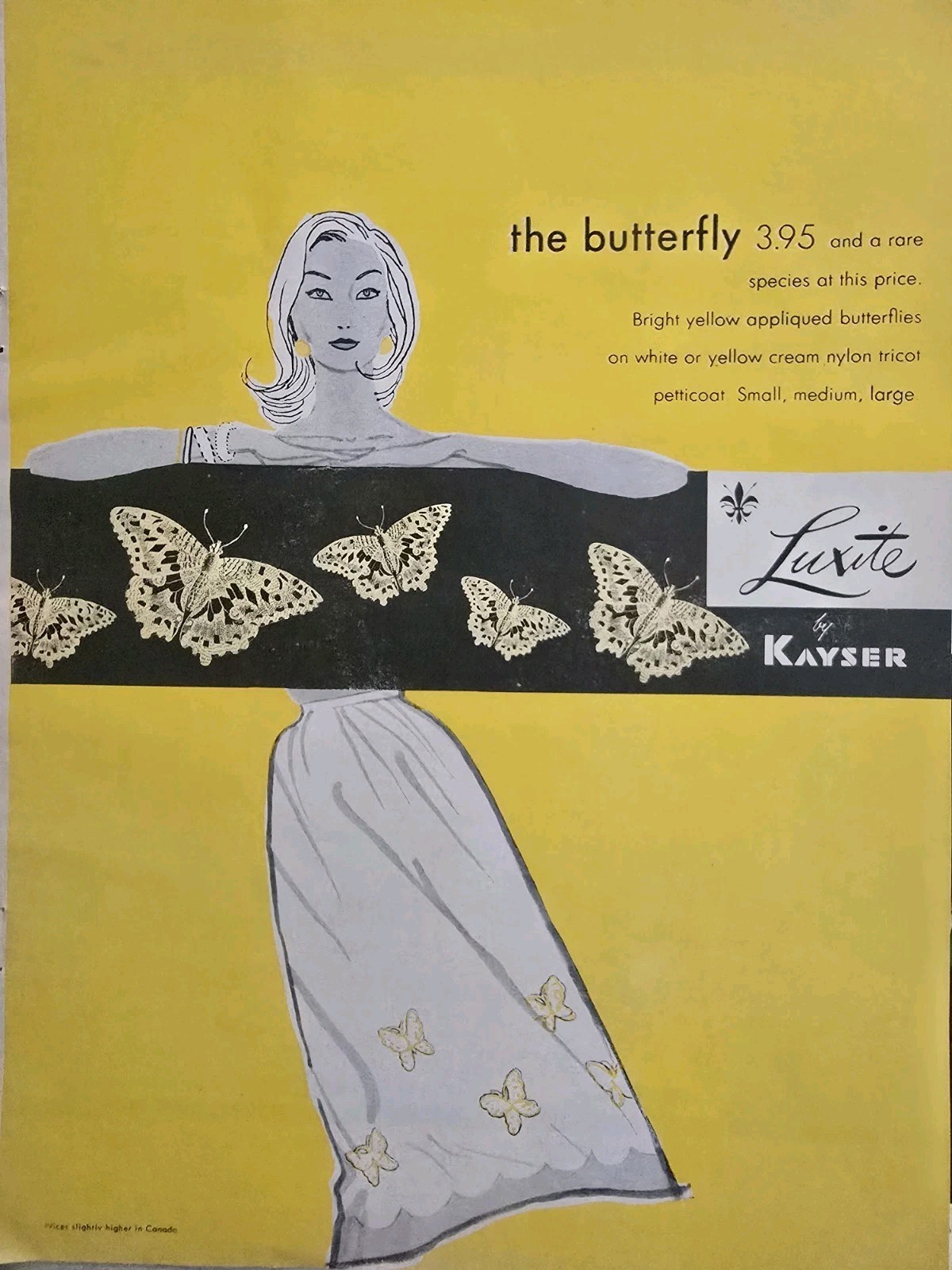 1956 Women's Kayser Luxite Slip Yellow butterflies Vintage Fashion Art Ad  