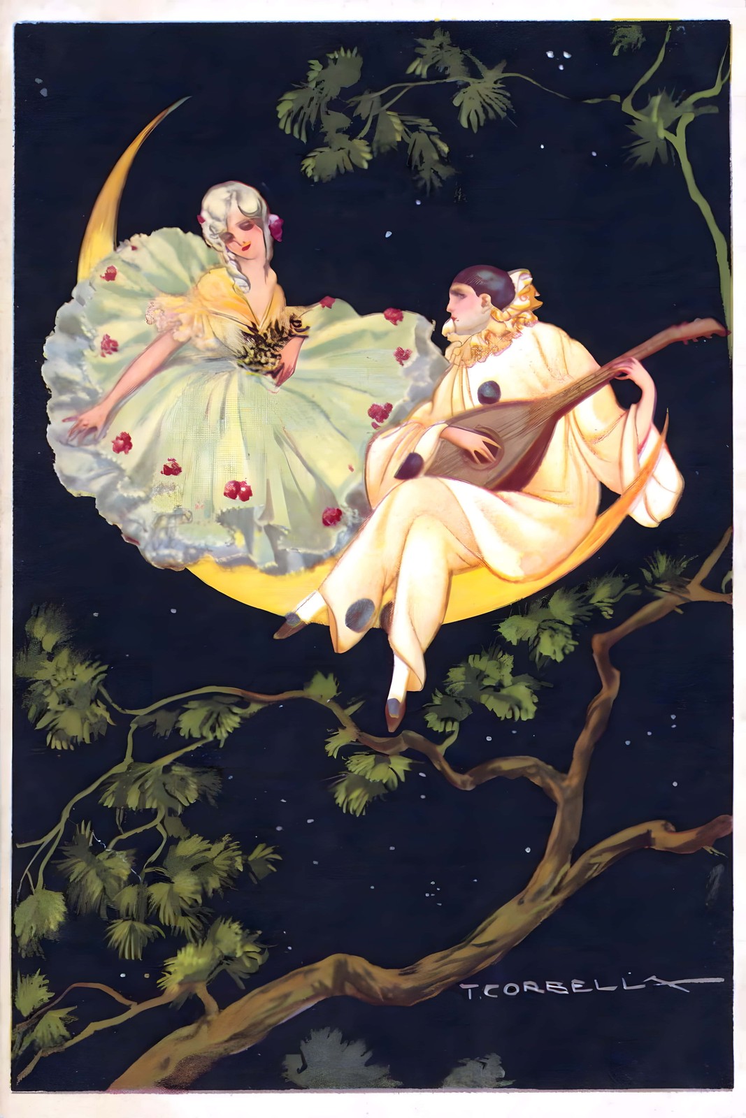 ✨ Vintage T.Corbella Art Deco Moon Lovers Poster - 1920s - 24x36”