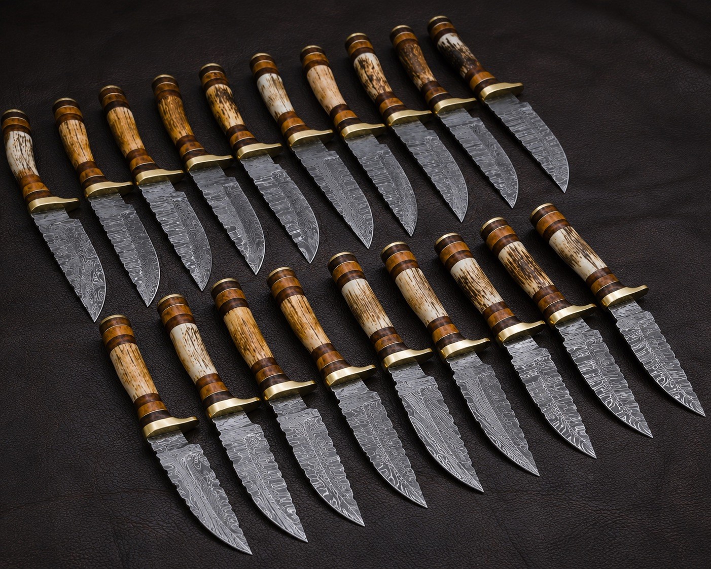 Lot of 20 Pcs 8'' Full Tang Skinners Knives Stag Handle Damascus Steel W/Sheath