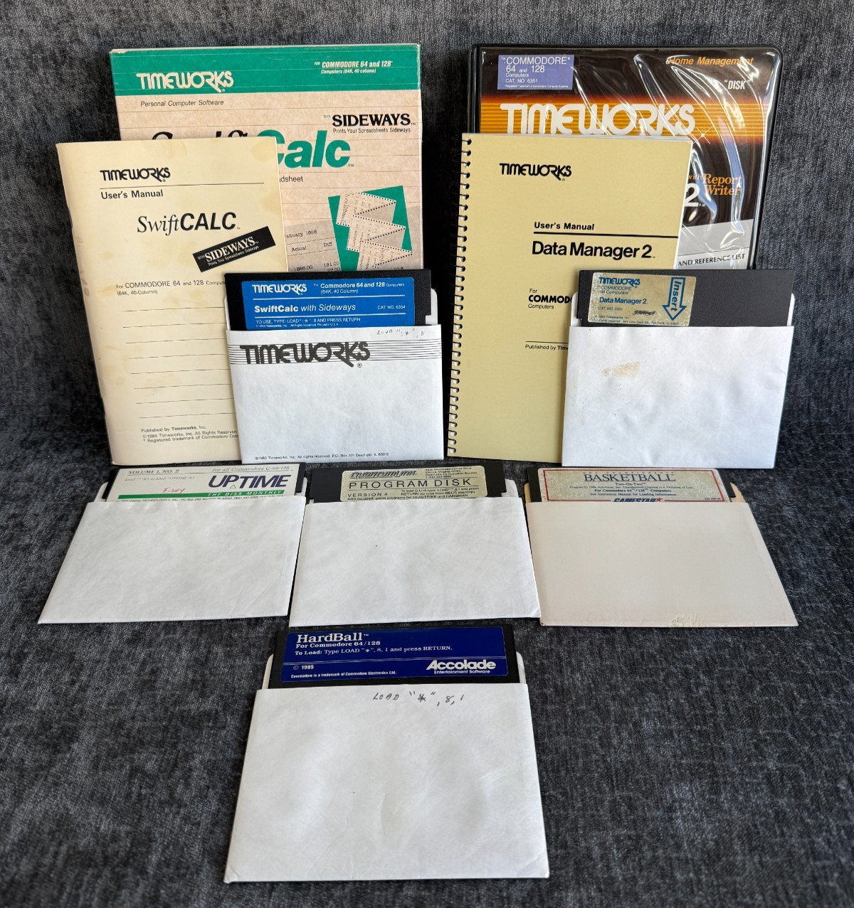 Lot of 6 COMMODORE Program Titles - Hardball/GBA Basketball/Timeworks