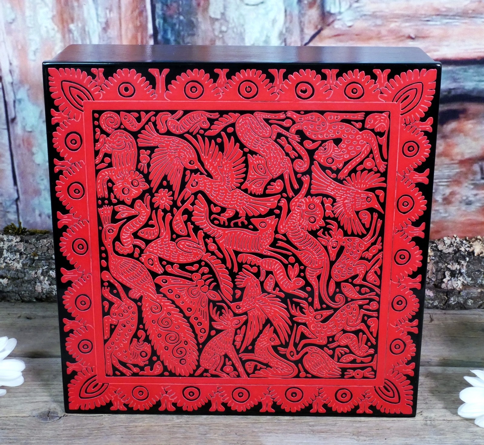 Lacquer Box Wild Life Wood Red & Black Handmade Olinalá Mexico Folk Art Large Sz