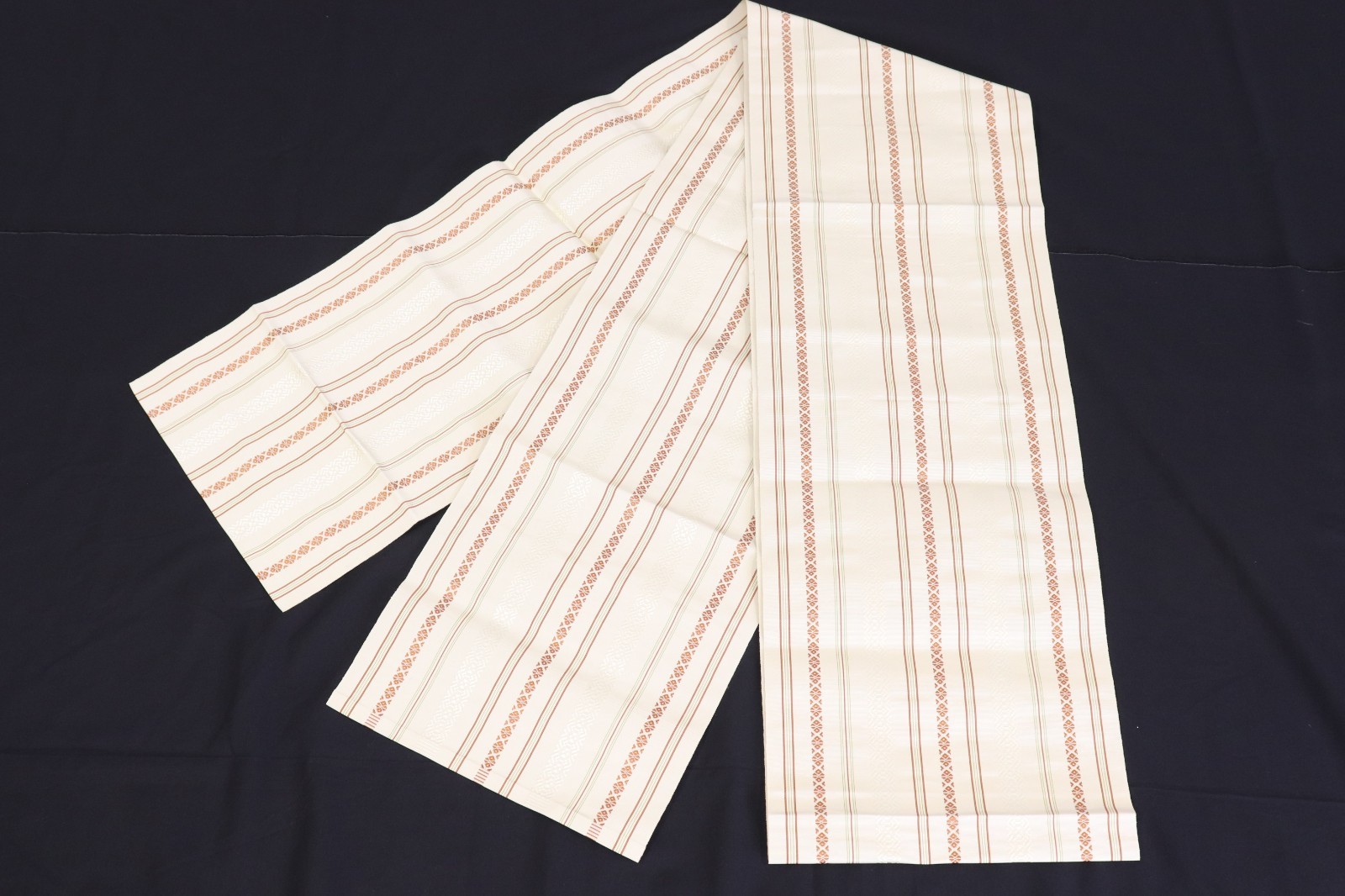 Japanese Vintage Silk Hakata Ori Nagoya Obi Belt Cream Brown Kenjo Showa