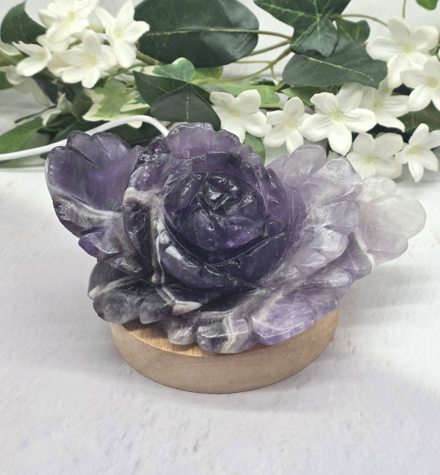 Large Dream Amethyst Peony Flower Crystal Carving w USB Light Base