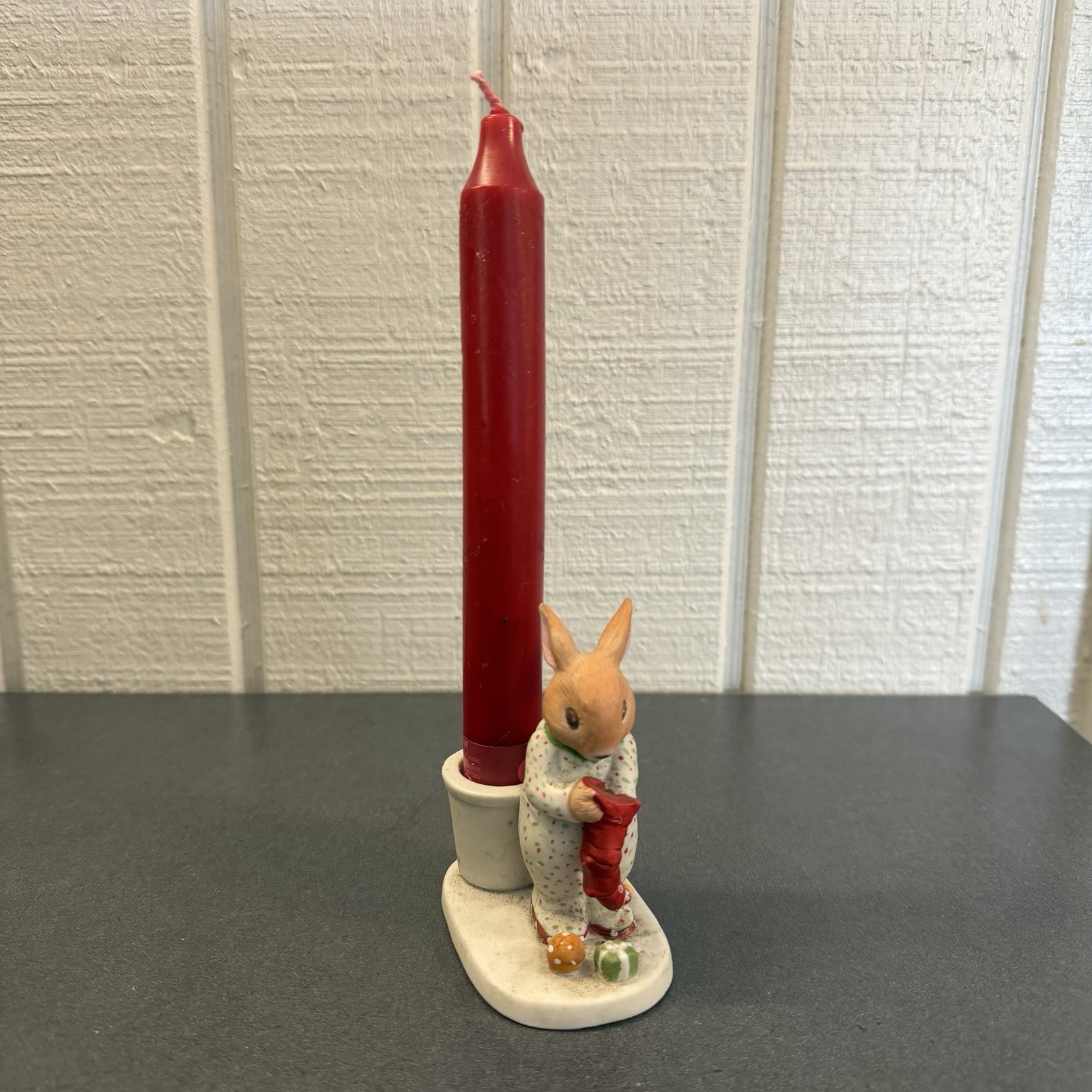 Vintage 1986 Susan La Belle Porcelain Christmas Bunny Stocking Candle Holder WOW