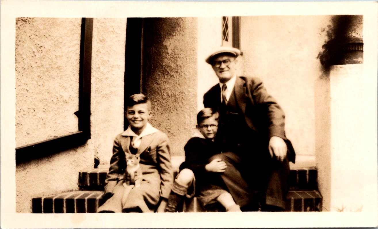 Grandfather and Boys with Kitten, 1930s Sepia Snapshot Photo