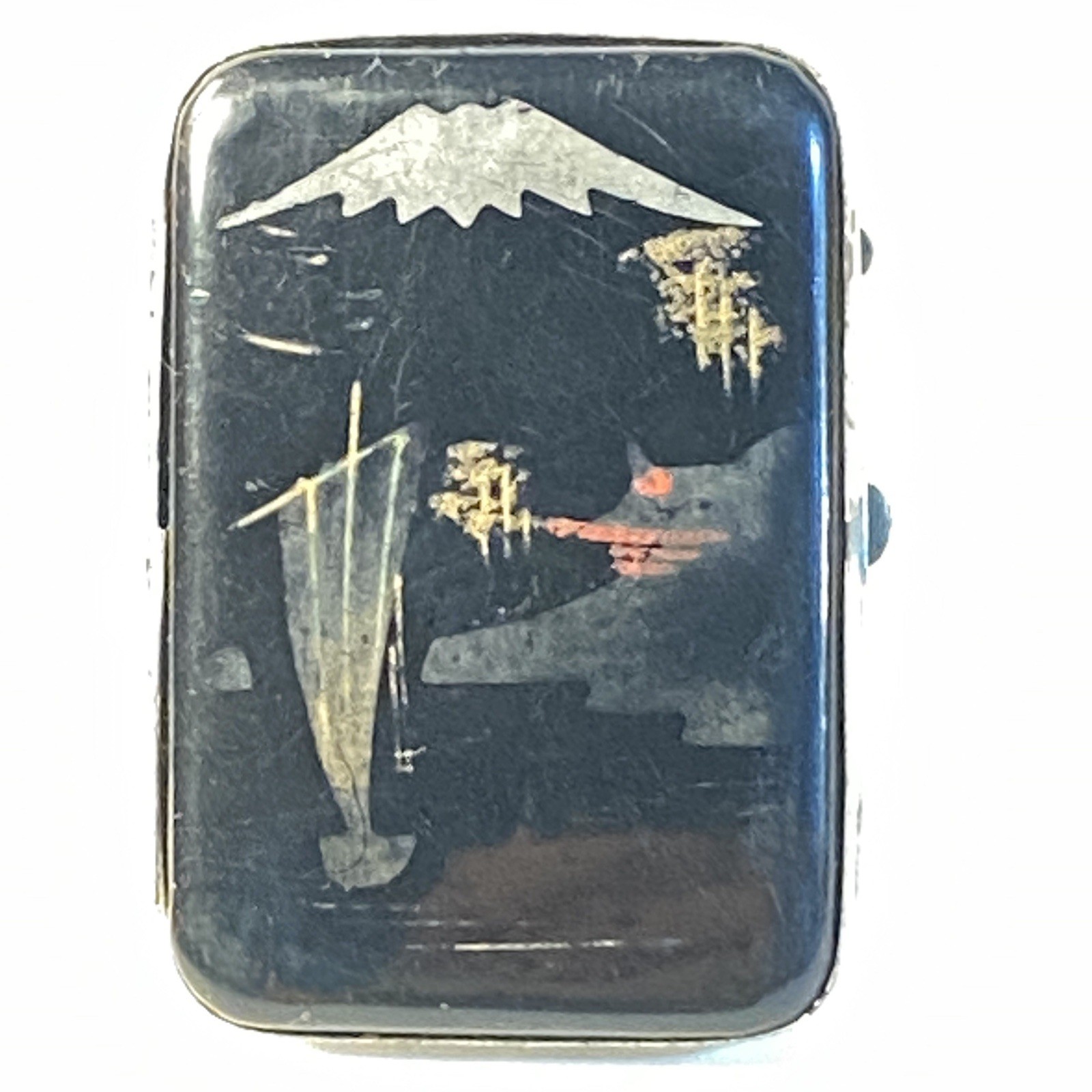 Antique Japanese Damascene Match Safe Mount Fuji Scene
