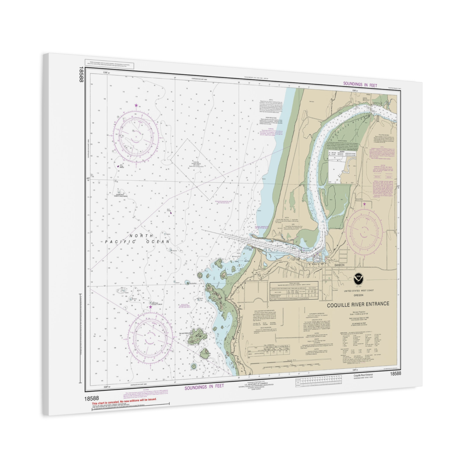 Coquille River & Bandon Oregon Nautical Chart Sailing Map Framed Canvas 40x30