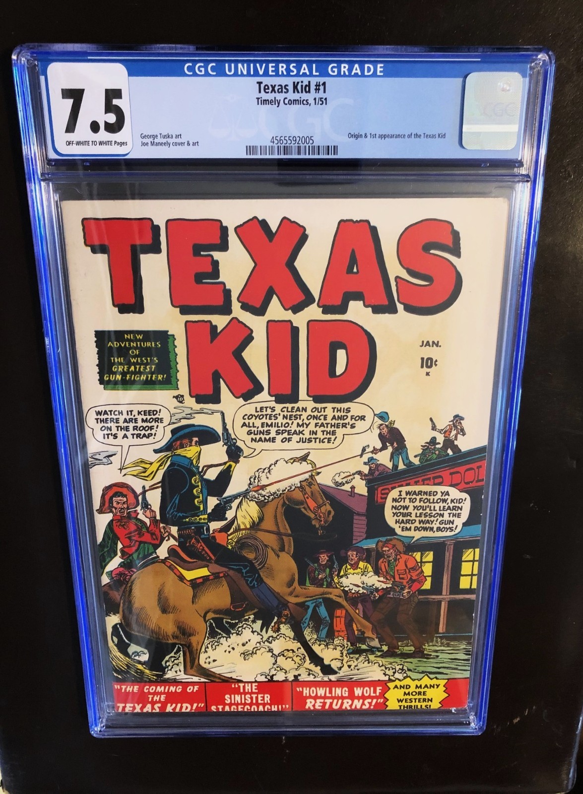 Texas Kid #1 CGC 7.5. Origin and 1st App of the Texas Kid. Scarce. 1951.