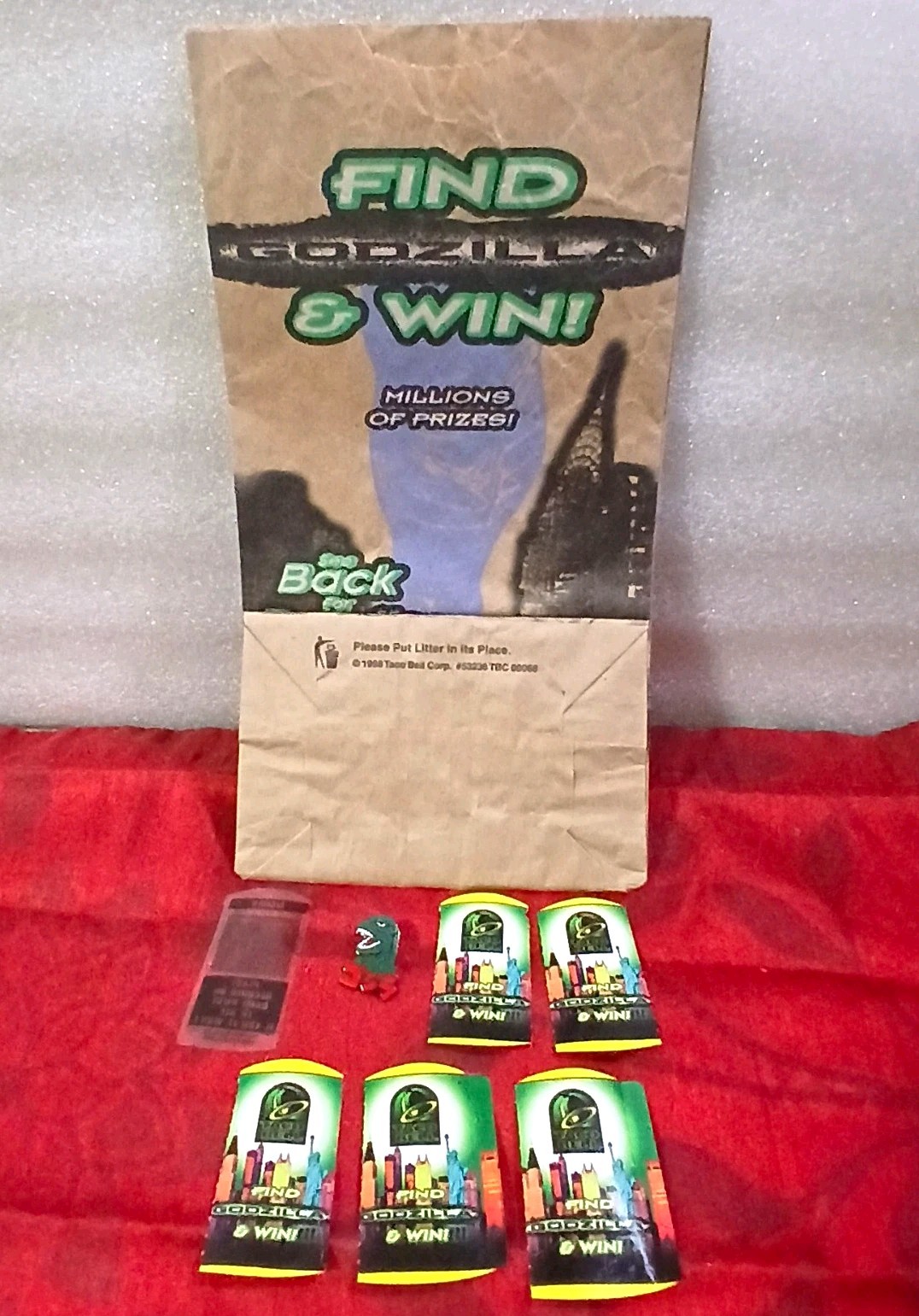 Taco Bell 1998 Find Godzilla & Win Promo Game Pieces w/ Decoder & Bag & Lapel