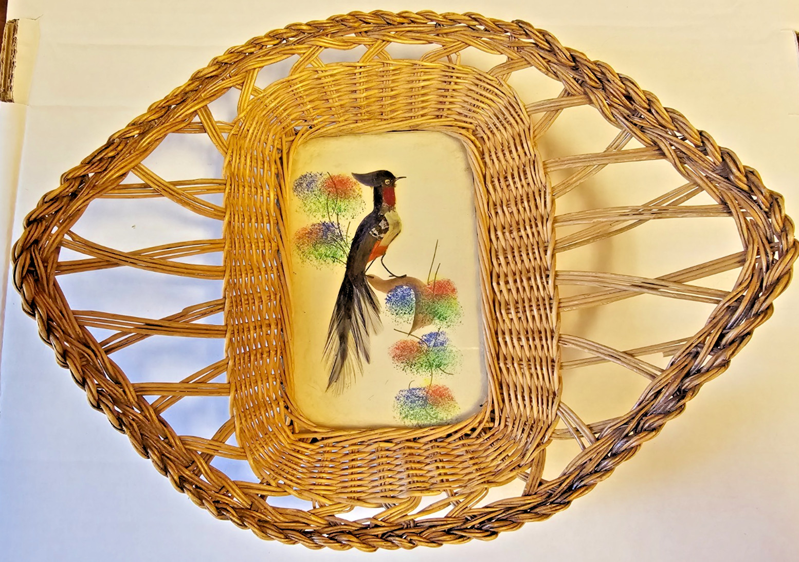 Vintage Mexican Folk Art Feather Bird Wicker Basket Tray Wall Decor