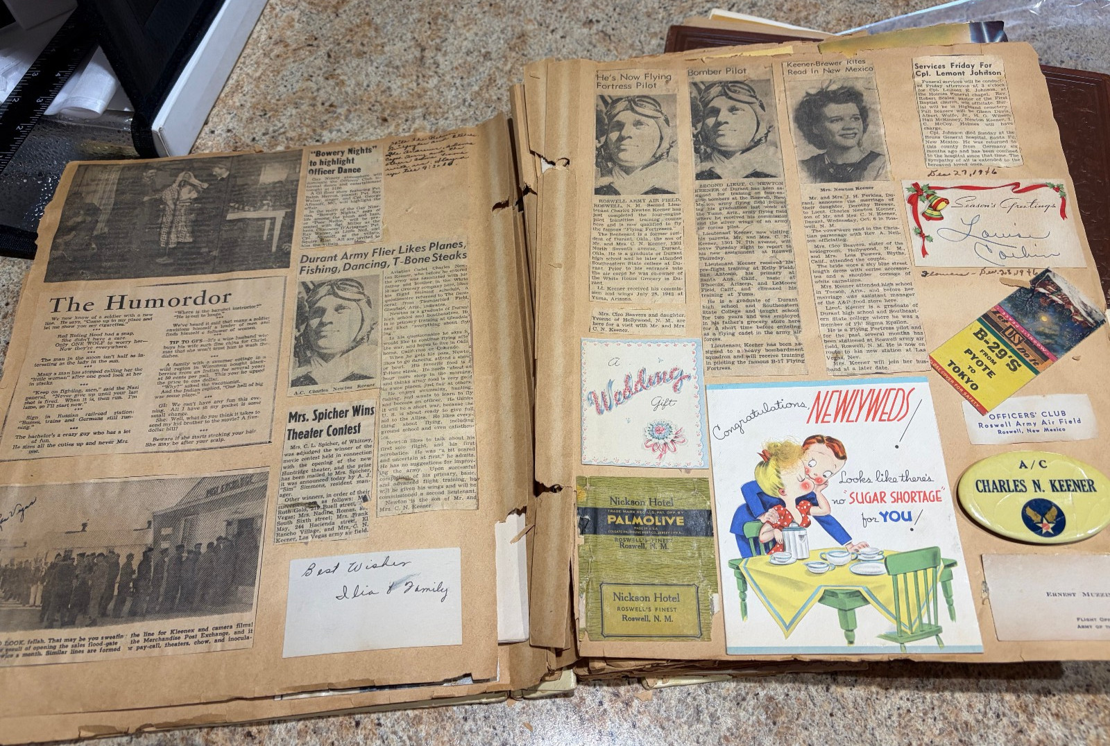 2 WWII Pilot & Wife SCRAPBOOKS Dog Tag Cards Military Pilot Telegram Menus 1940s