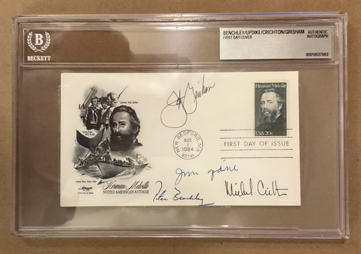 Michael Crichton John Grisham John Updike Peter Benchley Signed FDC Beckett BAS