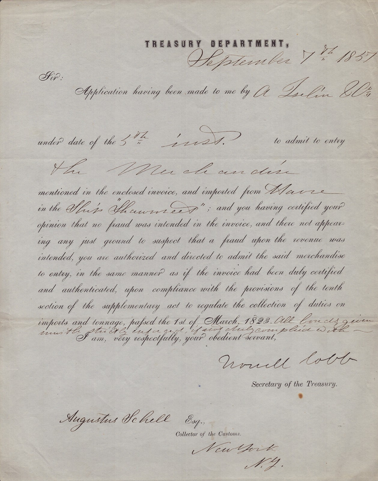 HOWELL COBB - DOCUMENT SIGNED 09/07/1857 CO-SIGNED BY: AUGUSTUS SCHELL
