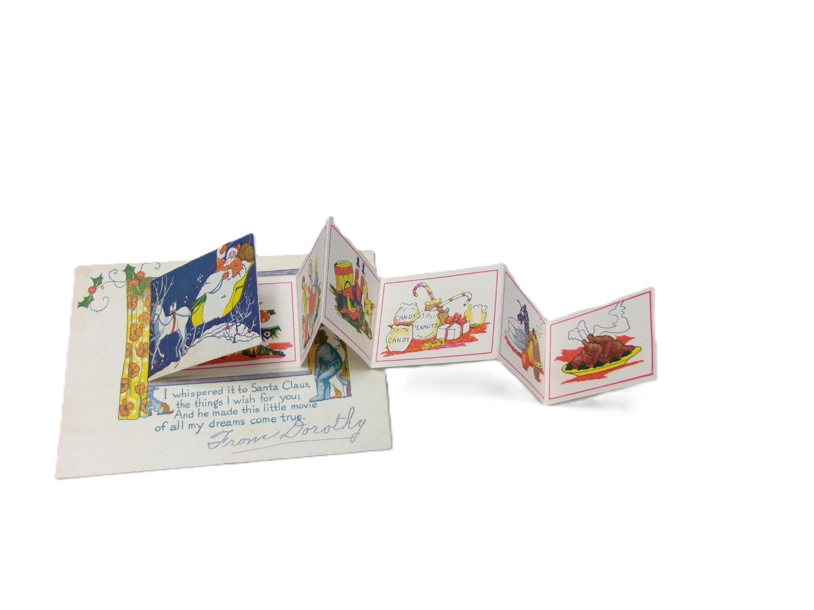 Adorable Antique Vintage Fold-Out Children’s Christmas Card w/ Scenes, Unique