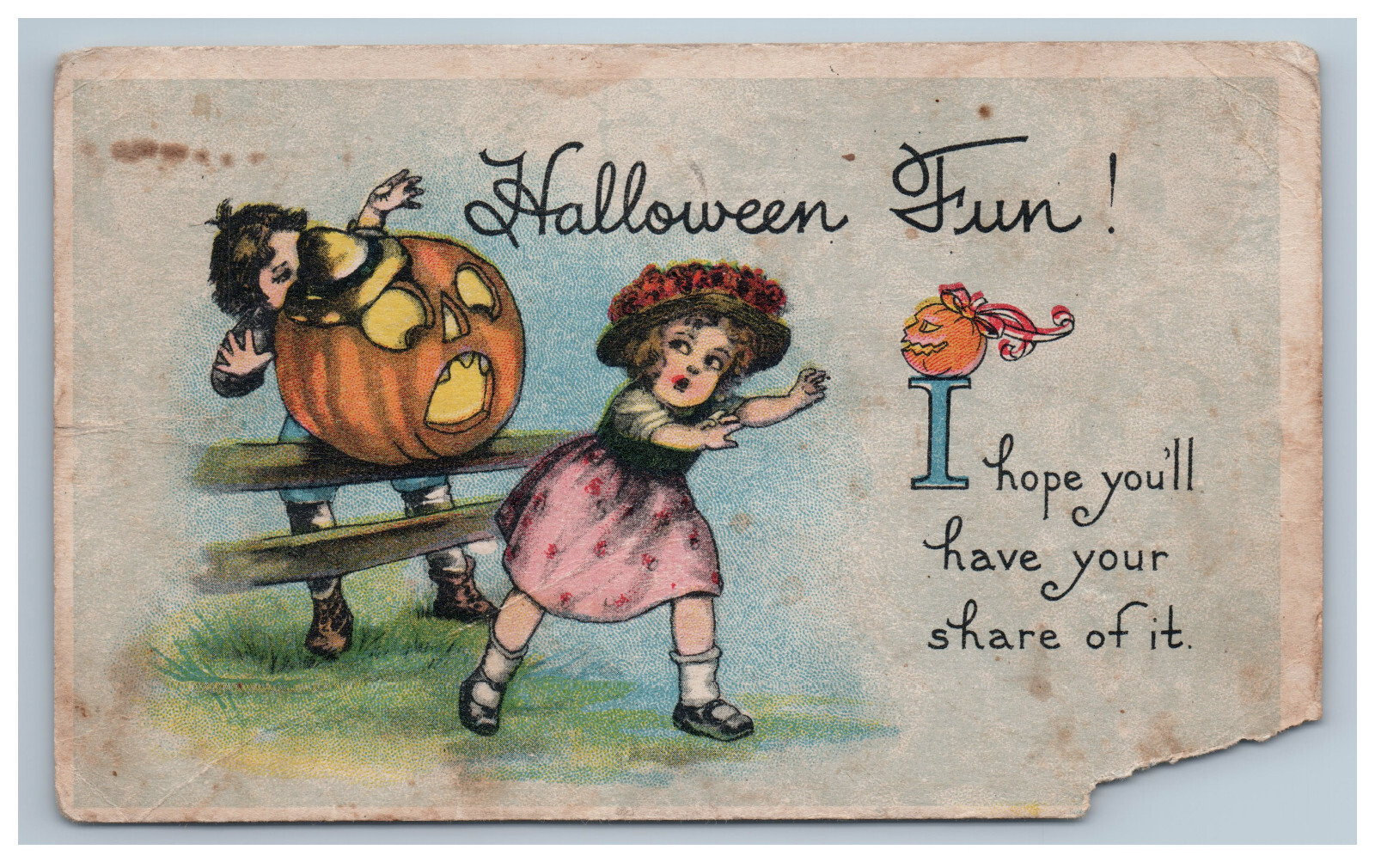 Early Halloween Fun Postcard Boy Scares Girl JOL Frightened Damaged 1917