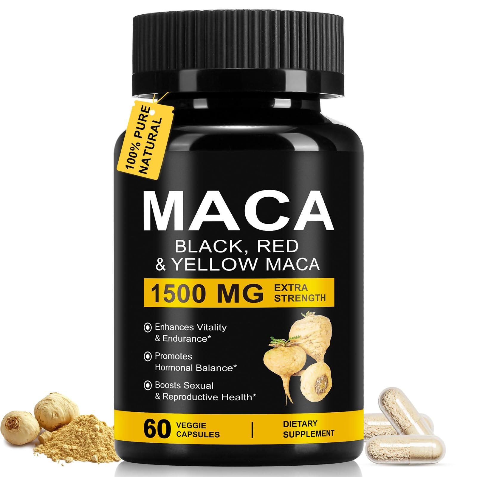 Daiasns Organic Maca Root Powder Capsules 1500 mg with Black + Red + Yellow Peru