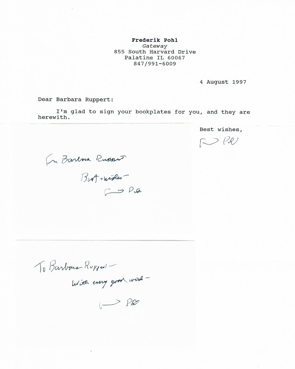 Author Frederik Pohl Signed 3x5-inch Bookplates and Letter