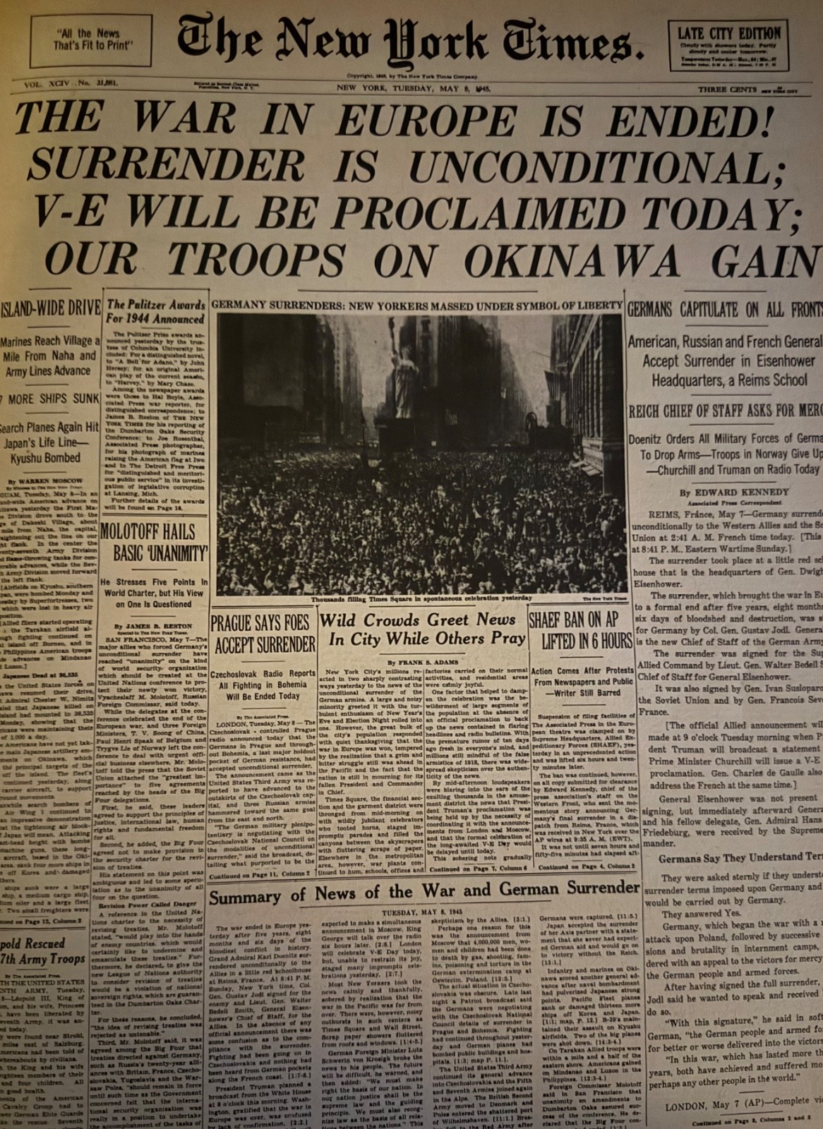 Vintage WW2 War in Europe Ends  NEW YORK TIMES News Article