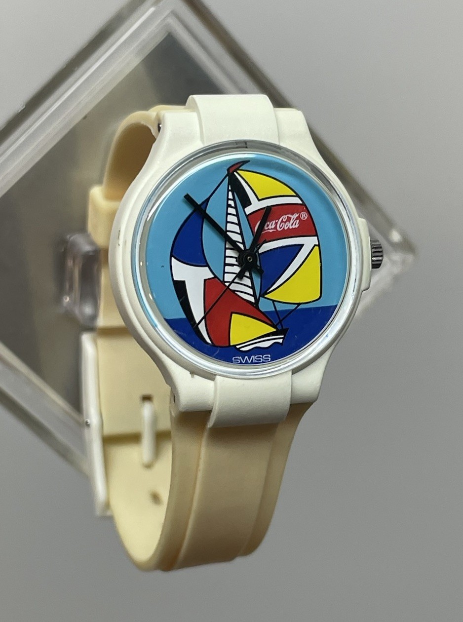 Vtg Coca Cola Watch Promo Swatch Nautical Maritime Sailboats 25mm Watch RARE