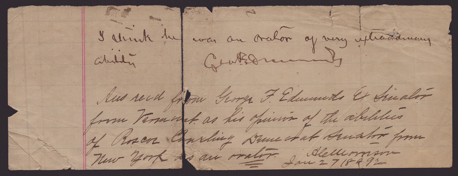 GEORGE F. EDMUNDS - AUTOGRAPH NOTE SIGNED