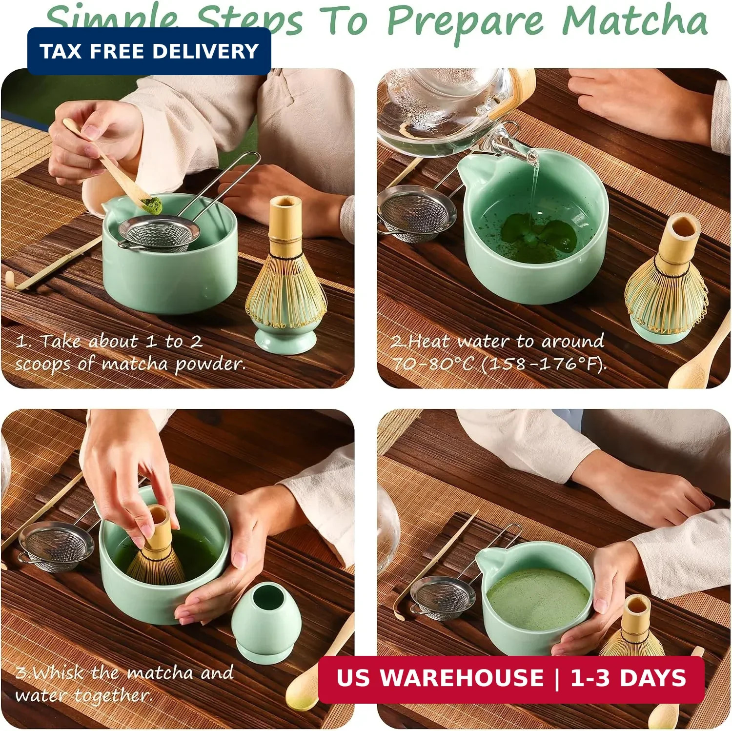 Matcha Whisk Set 5 Piece Green Tea Tools for Ceremony Bamboo Stainless Steel