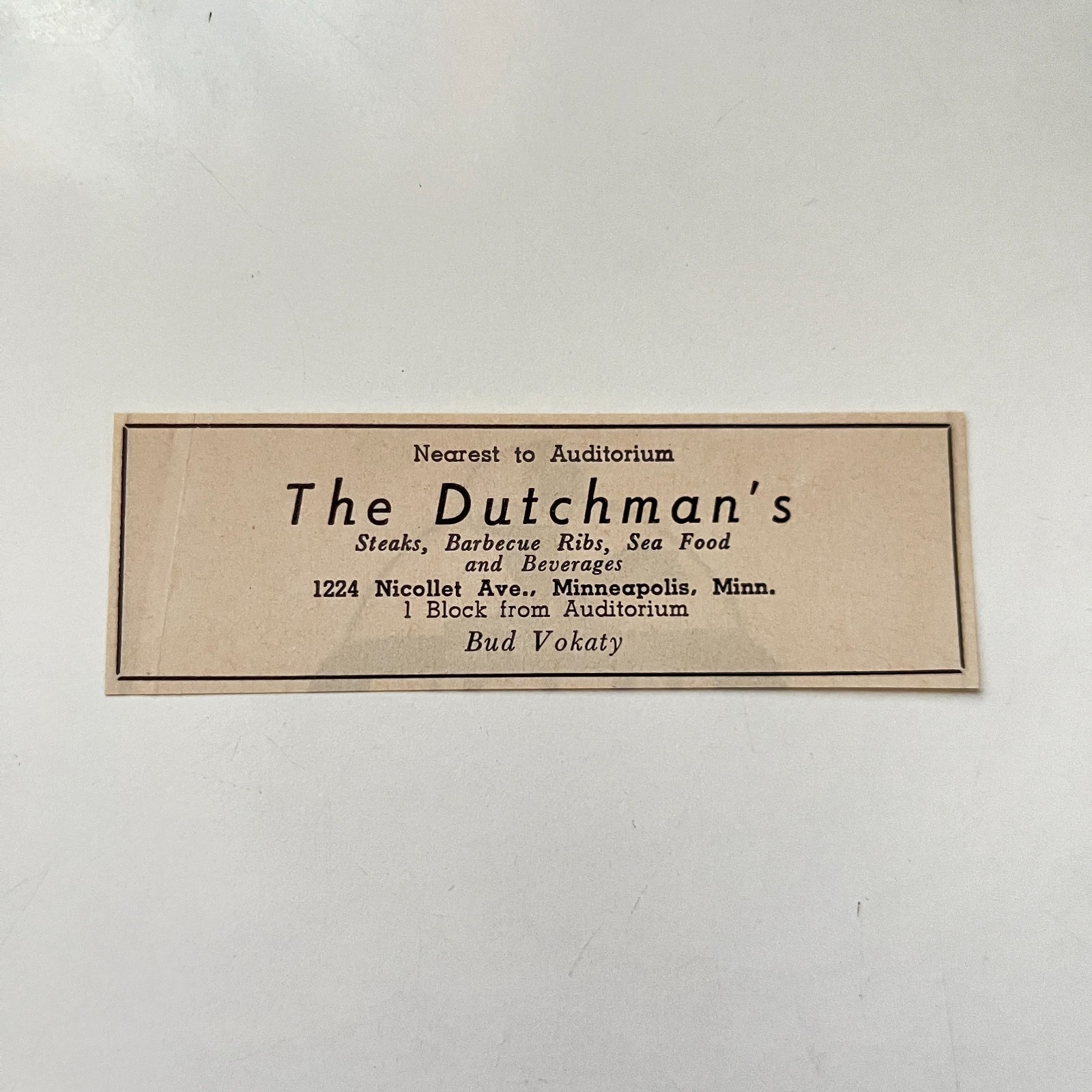 The Dutchman\'s Steaks Barbecue Ribs Bud Vokaty 1957 Minneapolis Ad TAK5-S9