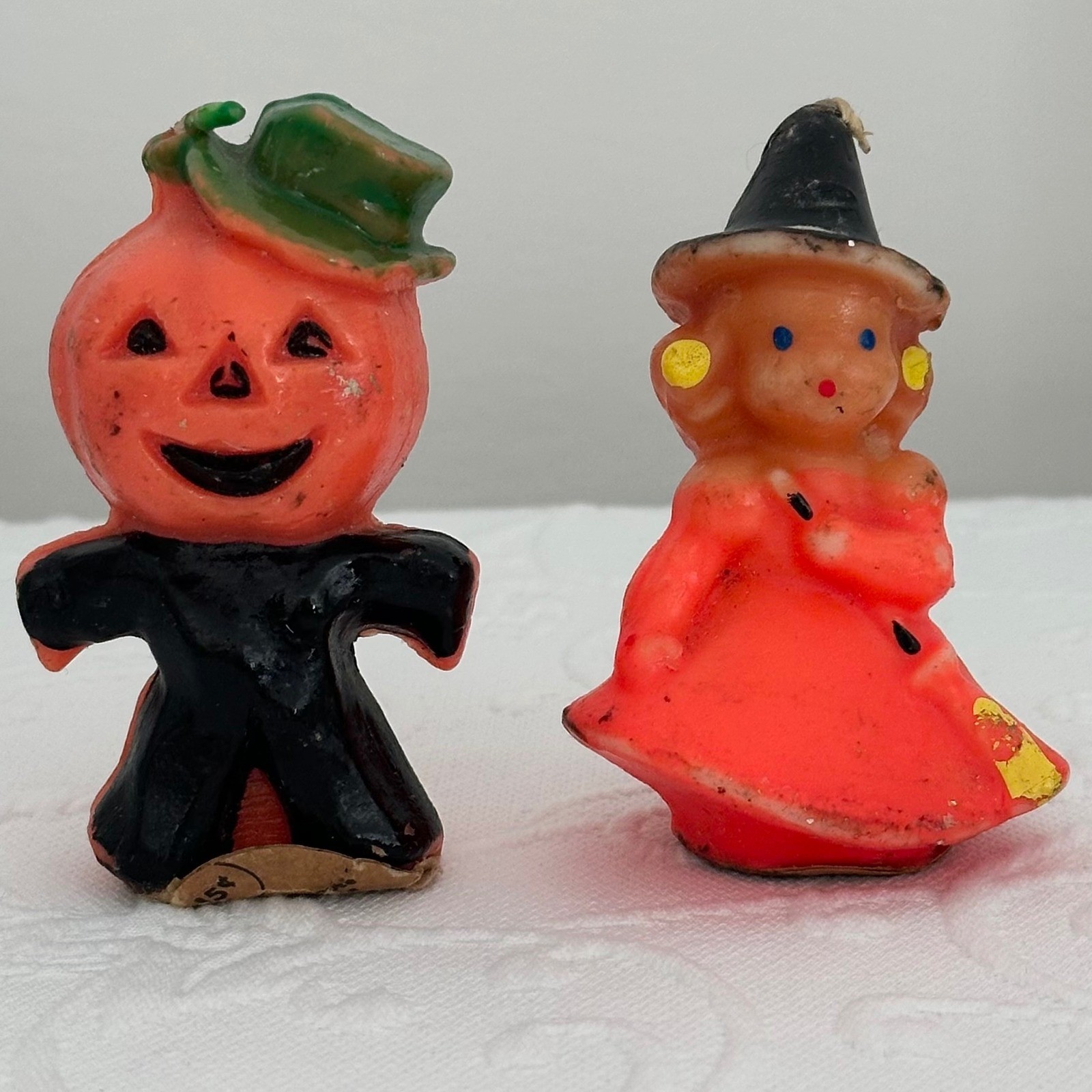 2 Vintage 60s Gurley Halloween Candles Pumpkin Man & Witch Figures Made in USA