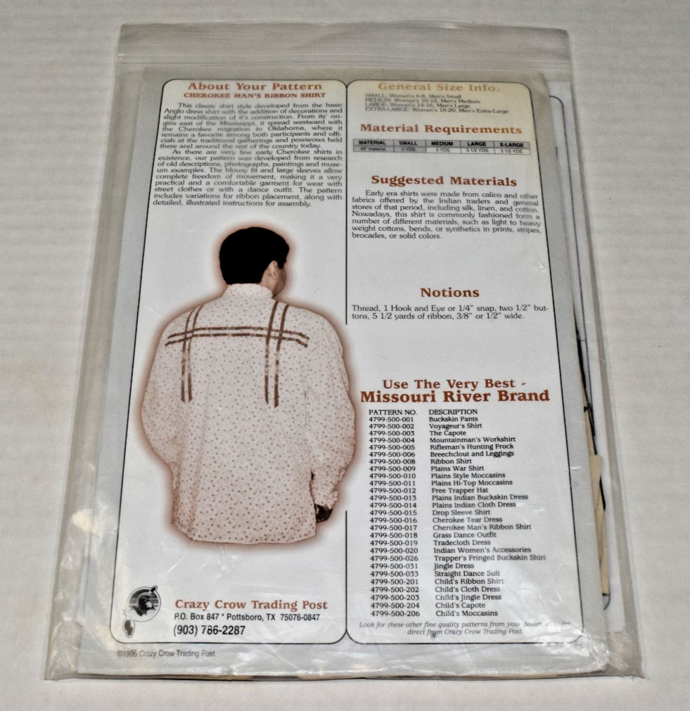 Vintage Mens Cherokee Ribbon Shirt Pattern 1996 Crazy Crow Trading Post