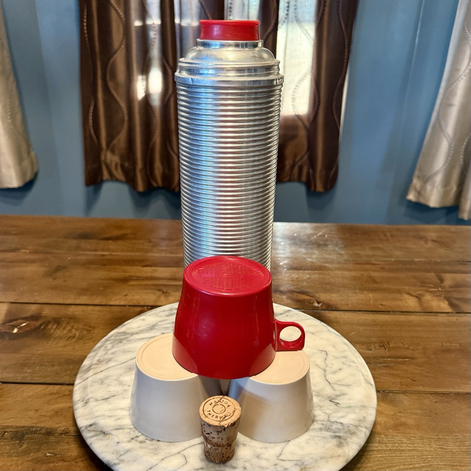VTG 1960s 60s THERMOS Aluminum Ribbed Red 2484 H Quart 3 Cups & Original Cork