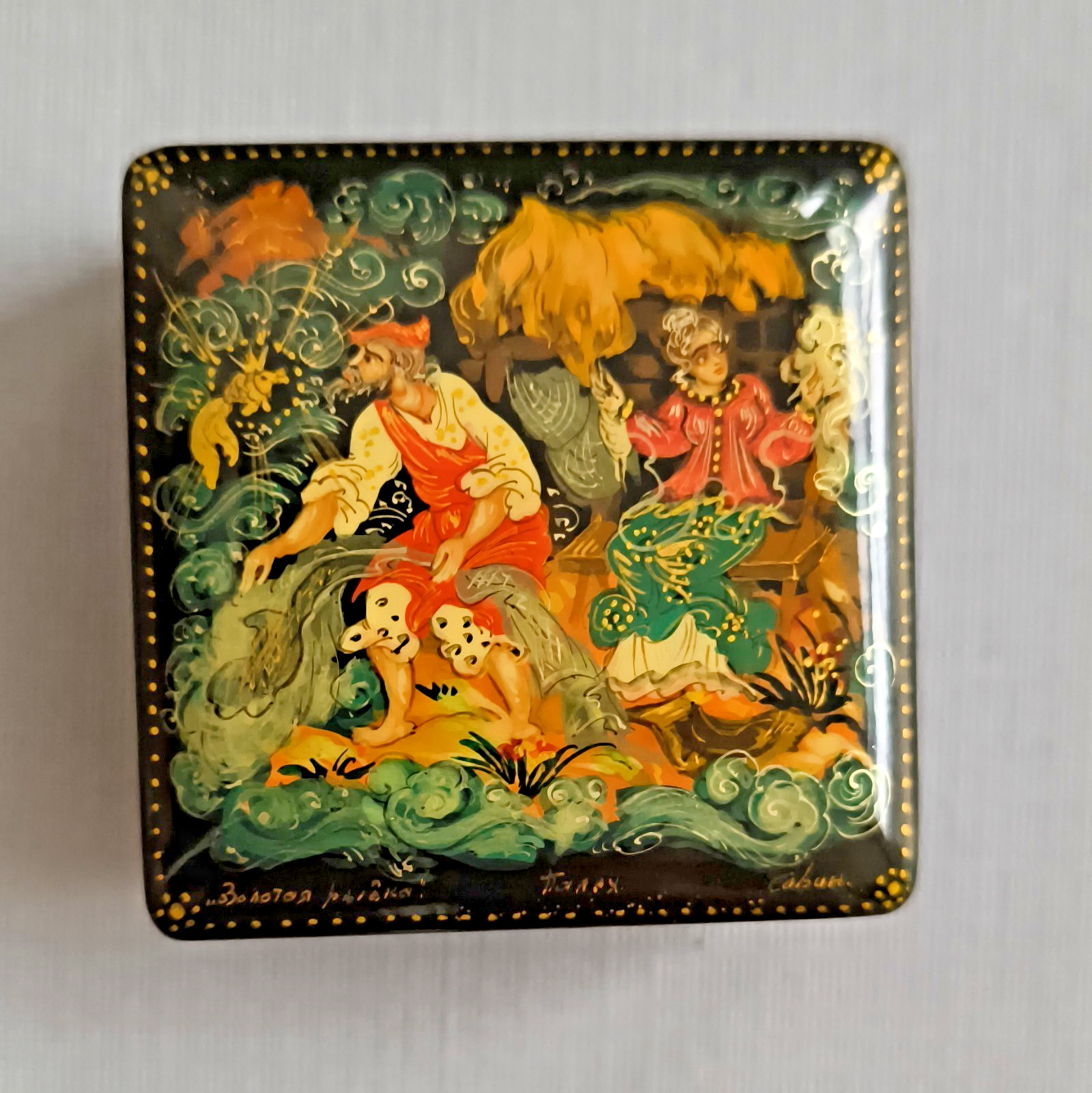 Russian Palekh Hand-Painted Black Lacquer Box Fairy Tale Scene, Red Interior