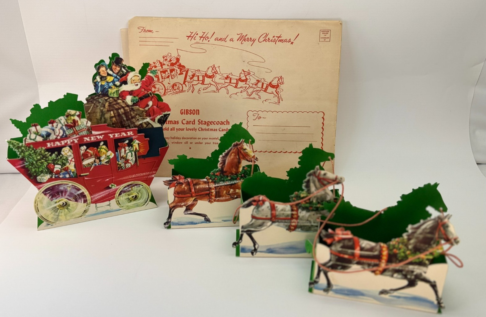 1950’s Vtg Gibson Christmas Card Sleigh Pop Up Sleigh horse Stagecoach *RARE*
