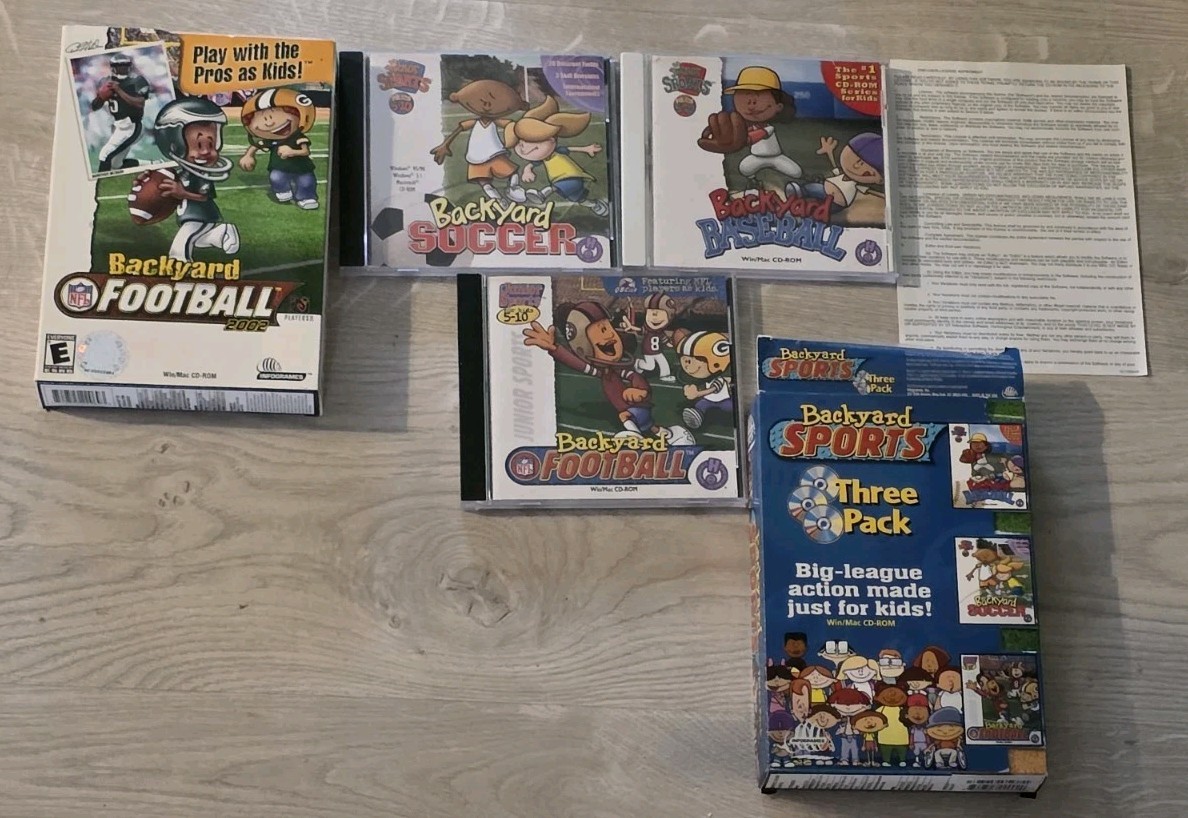 Vintage Backyard Sports PC Lot, Includes Three Pack Complete, Football 2002