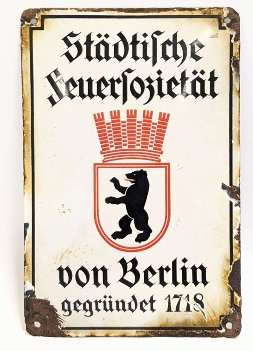  1930's German Berlin Fire Society Porcelain Sign Fireman Firefighter 