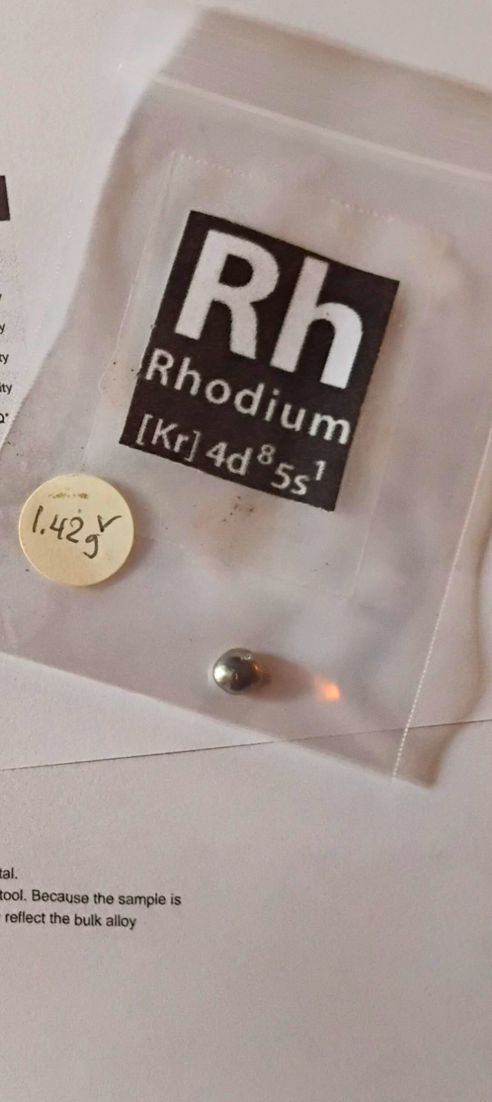 Nova Elements Rhodium (Rh) Metal Sample 1.42g in Bag w/ Lab Report