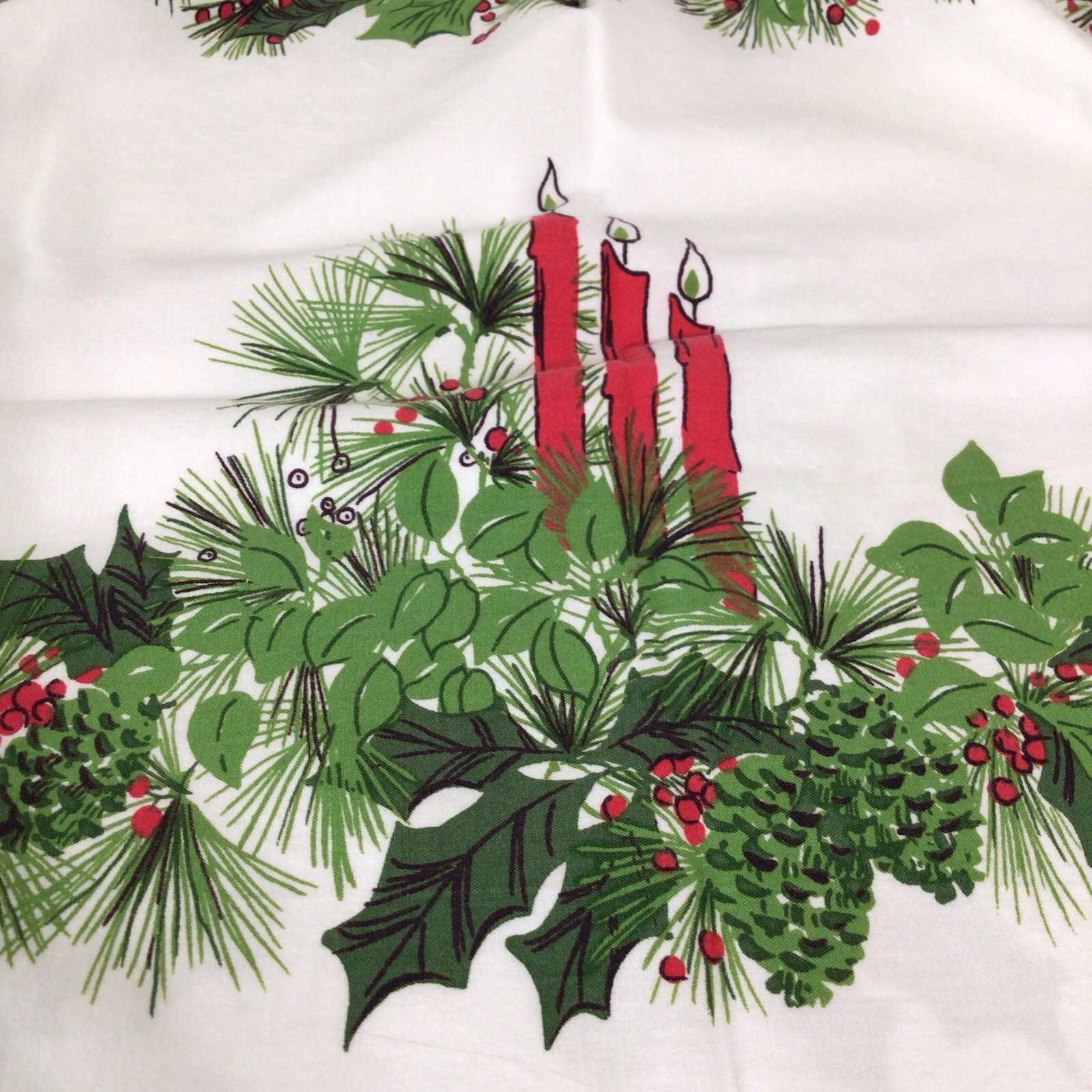 Mid Century Vintage Tablecloth Poinsettias Candles Holly Pine 58x74 ~ ISSUES