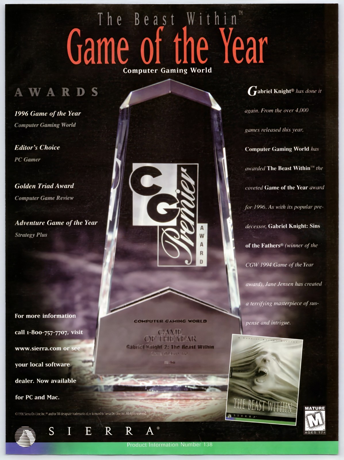 Gabriel Knight Beast Within - PC - Vintage Original Print Ad/Poster Promo 1996