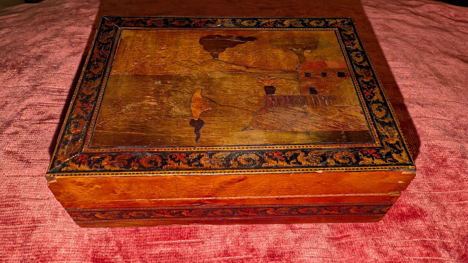 Antique Grand Tour Sorrento Marquetry Wood Inlaid Micro Mosaic Box Geese Volcano