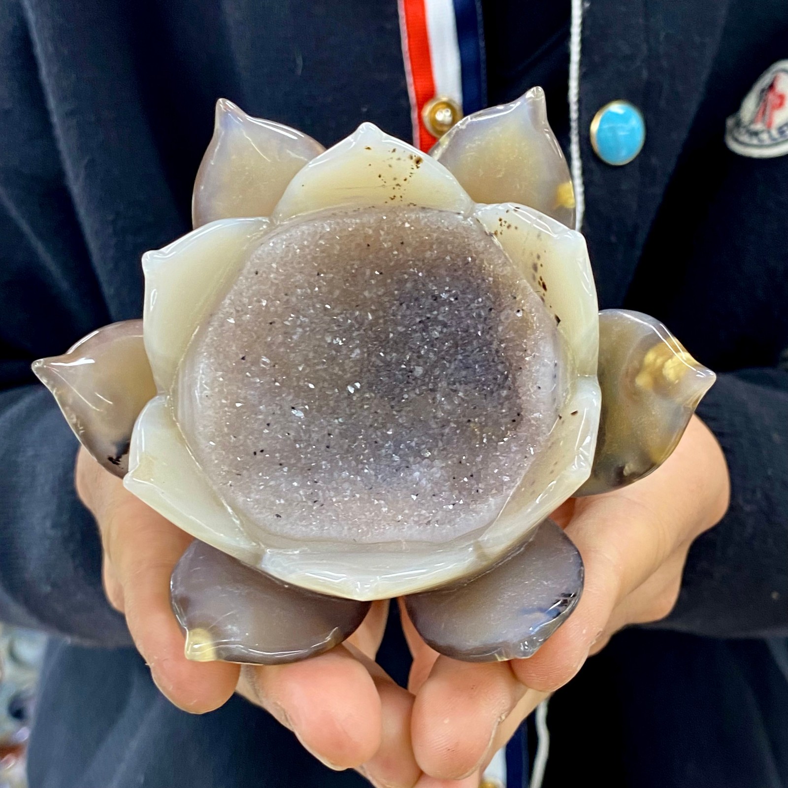 310G Natural Agate Geode Carved Lotus Flower, Hand Carved Healing Crystal Home