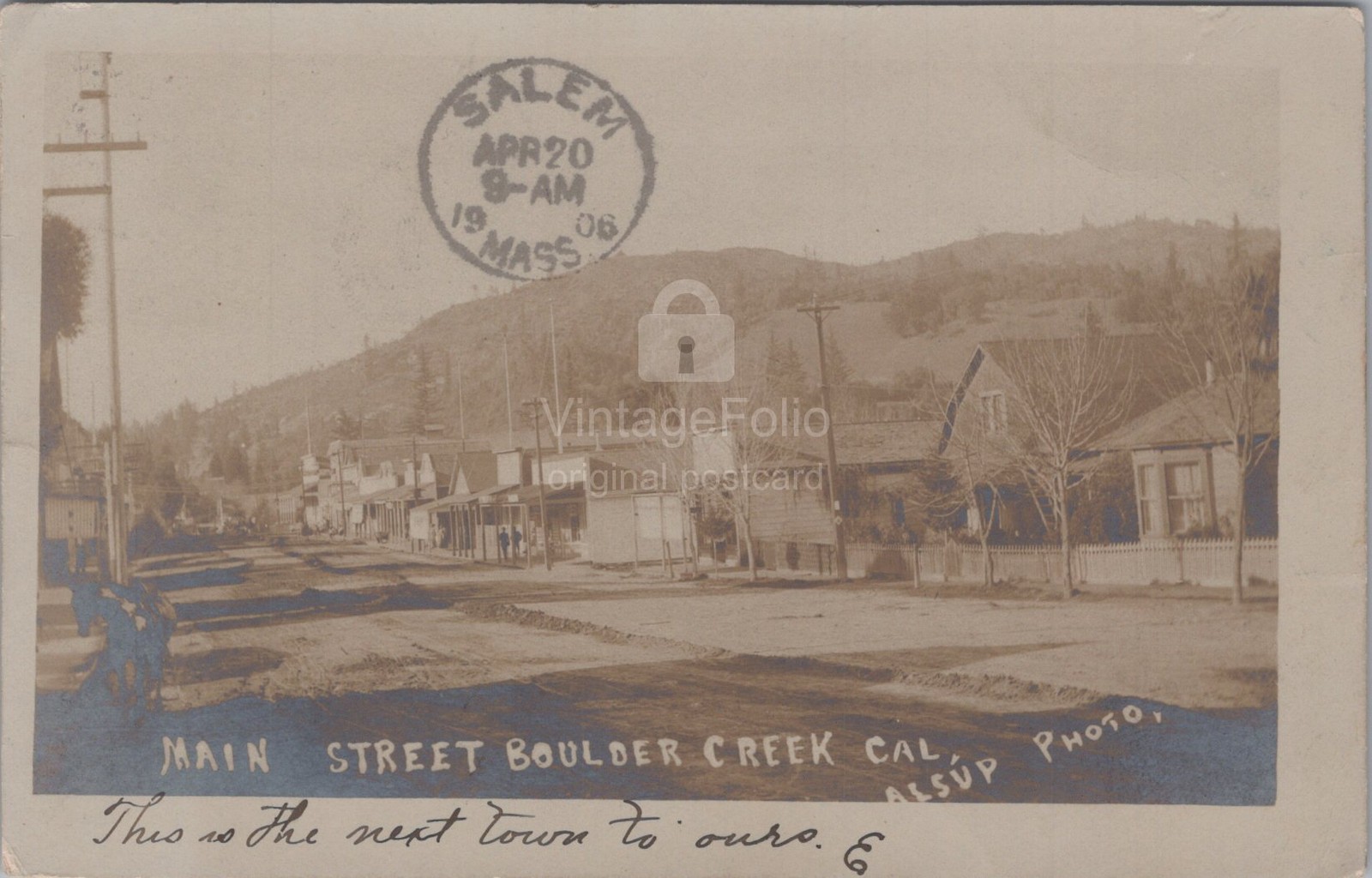 Main Street Boulder Creek CA Dirt Road Buildings RPPC Alsup Photo 1906 Postcard