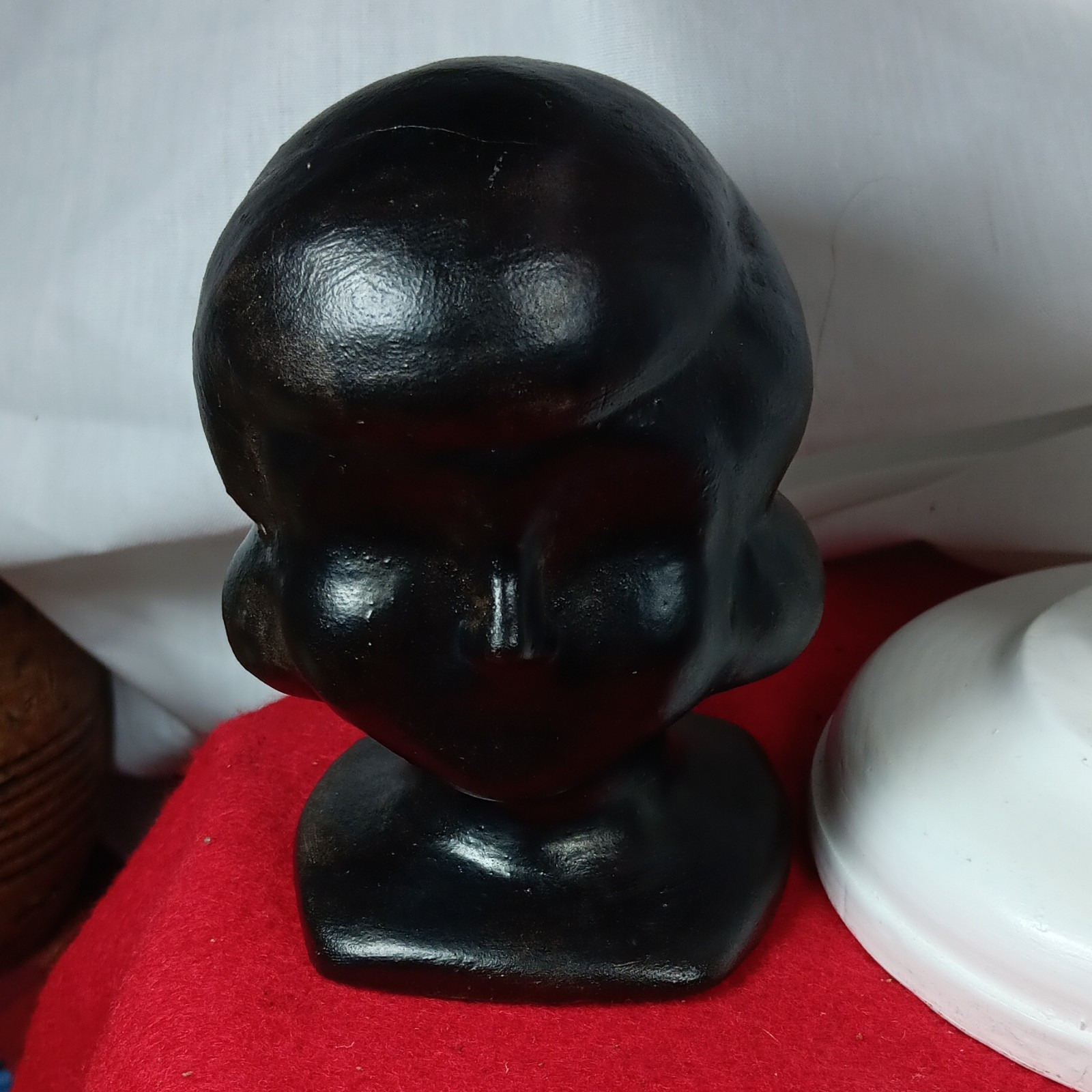Vintage 1960s Black Glossy Ceramic Girl Head Bust Figurine Sculpture Stamped