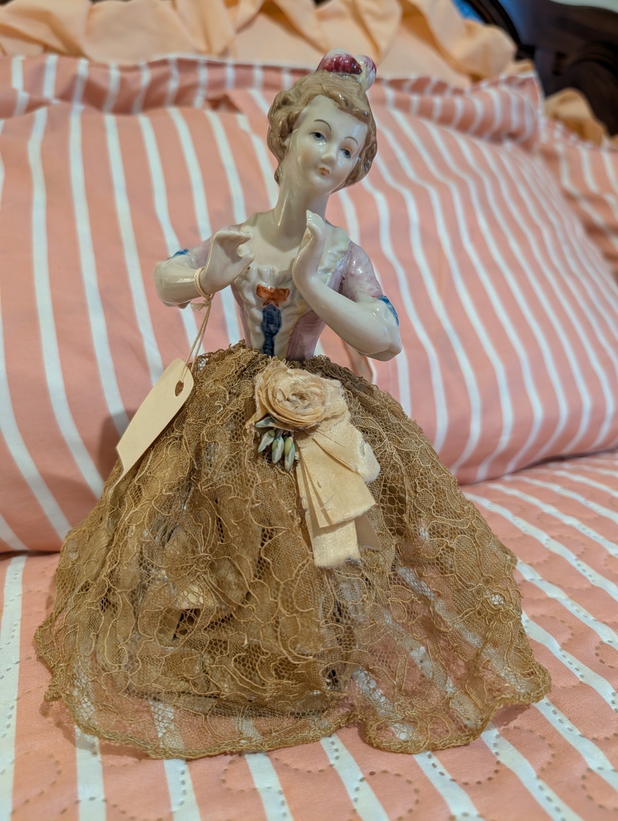 Antique German Porcelain Half Doll, Lamp Shade Skirt, Arms Away
