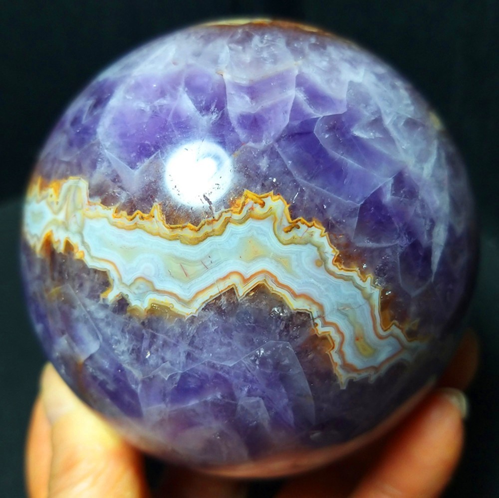 RARE 780G Natural Polished Banded Agate Amethyst Symbiosis Agate Ball MB1625
