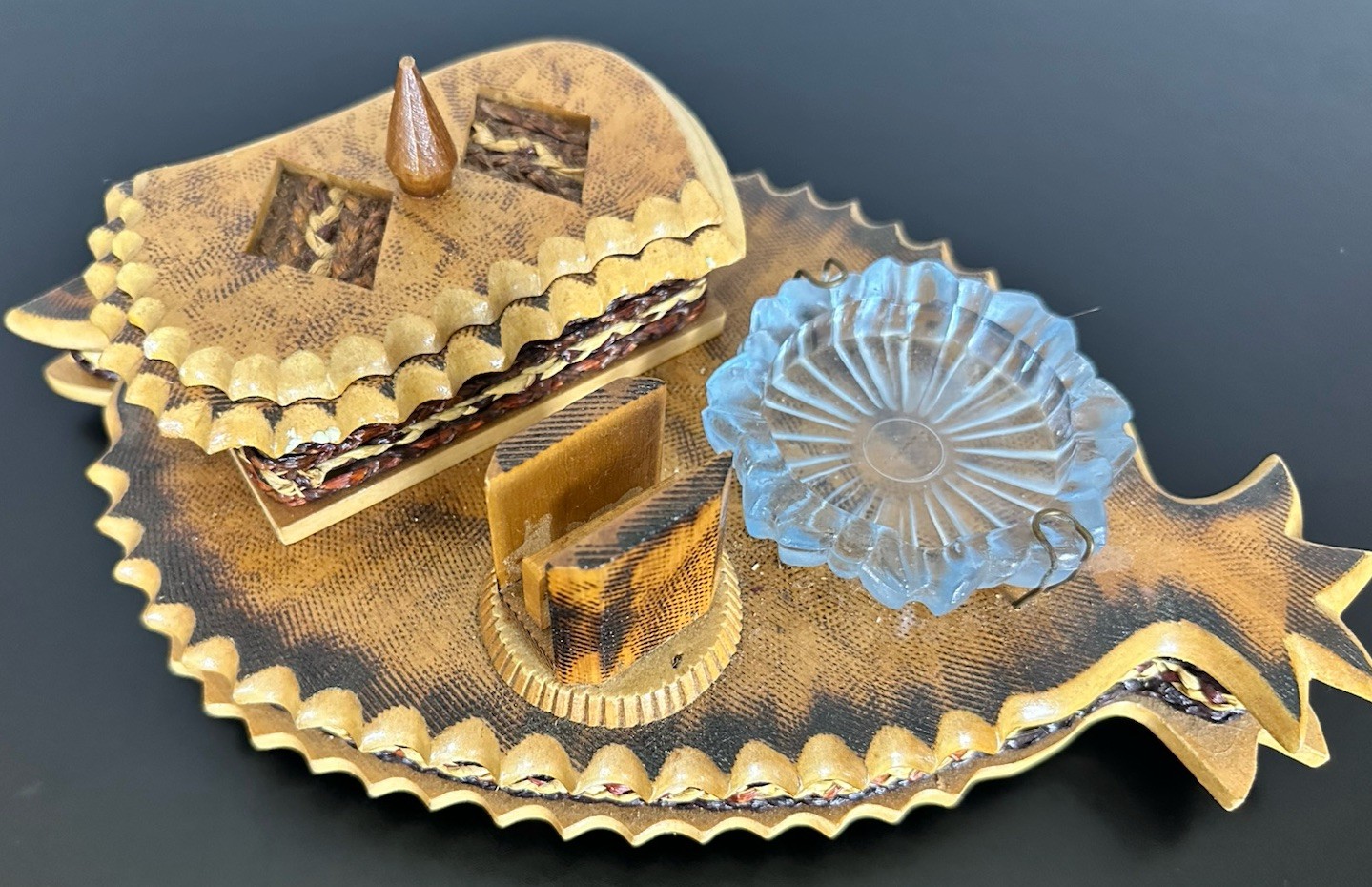 Handcrafted Wooden Cigar Smoking Set Fish Shape Ashtray Folk Art 1950s Vintage
