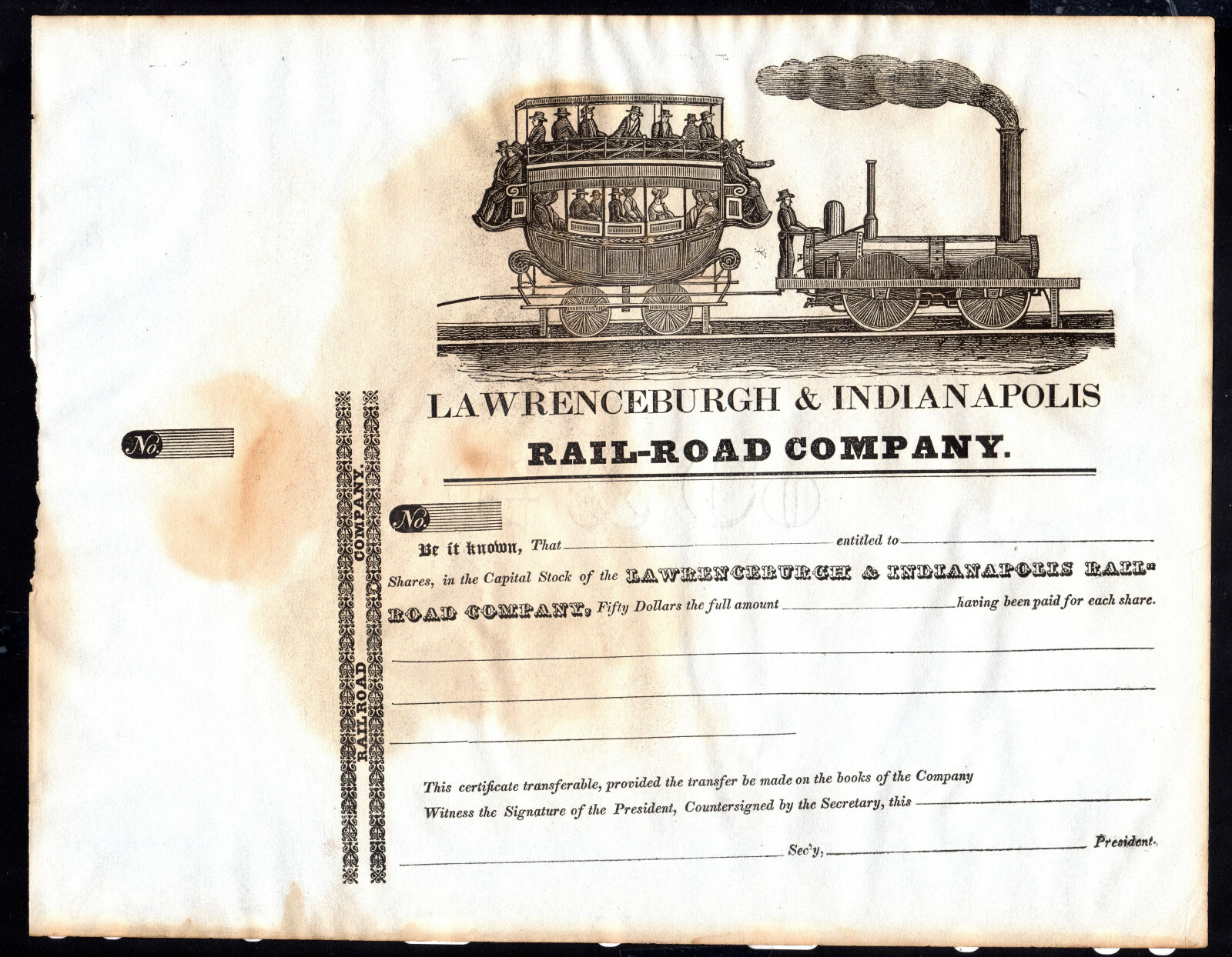 1830s Lawrenceburgh & Indianapolis Railroad Company Stock Certificate Scarce^