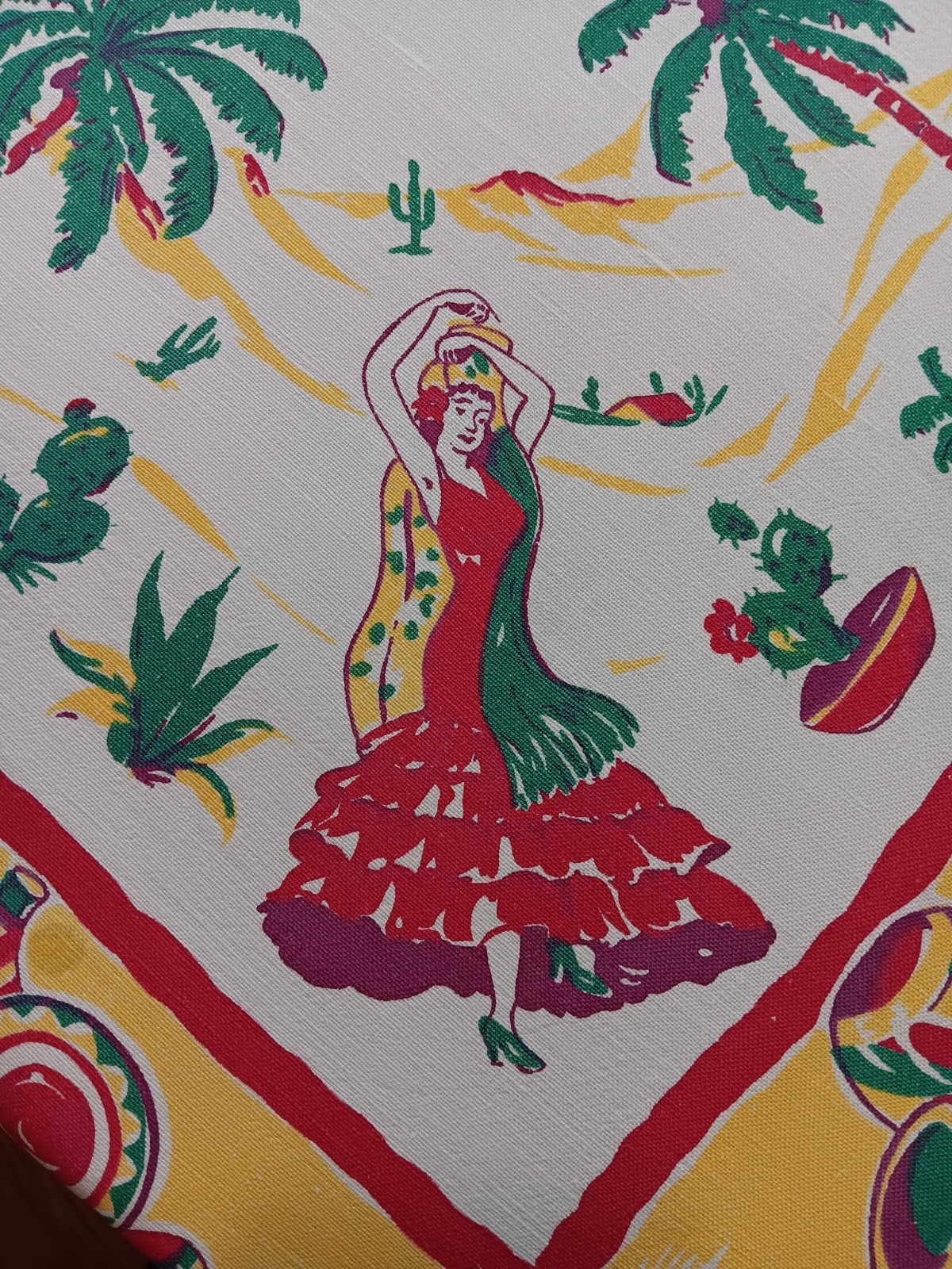 Vintage Mexican Tablecloth, Spanish Dancer, Mariachi Band, Market Vendors