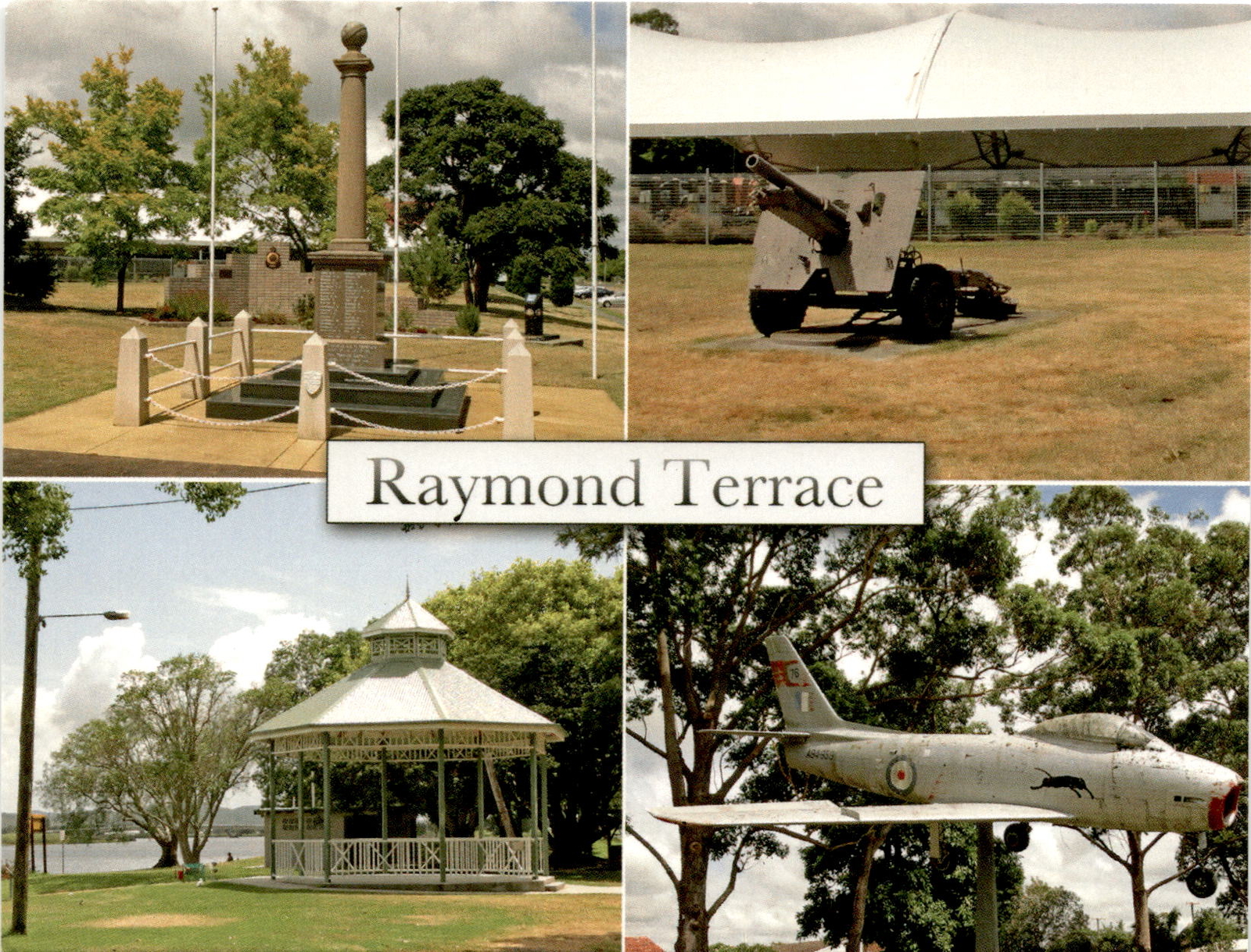 Raymond Terrace postcard with attractions and photo.