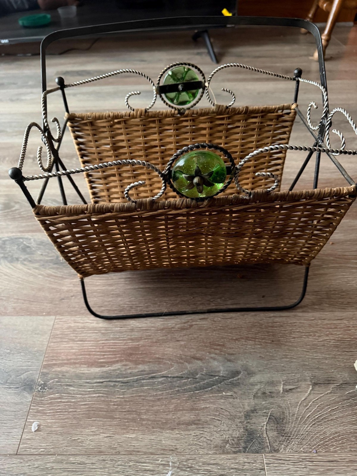 Vintage 1970s Woven Rattan Magazine Rack | Hollywood Regency Metal Scroll