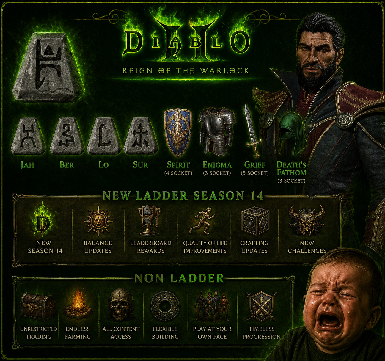 DIABLO 2 ITEMS RUNES UNIQUES REIGN OF THE WARLOCK D2R LADDER S14 & NON LADDER PC