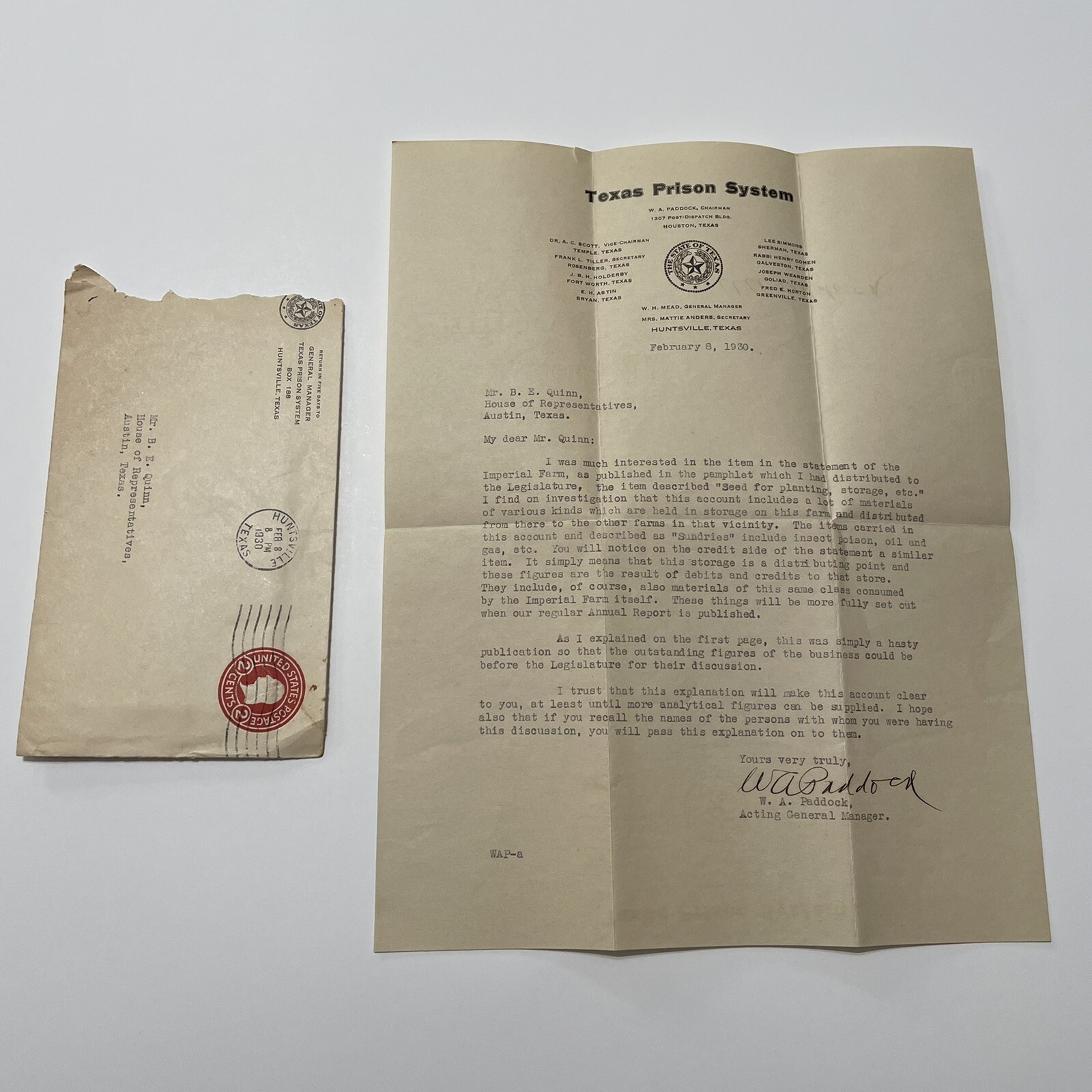 Vintage Letter Texas Prison System To Texas State Rep. B. E. Quinn 1930