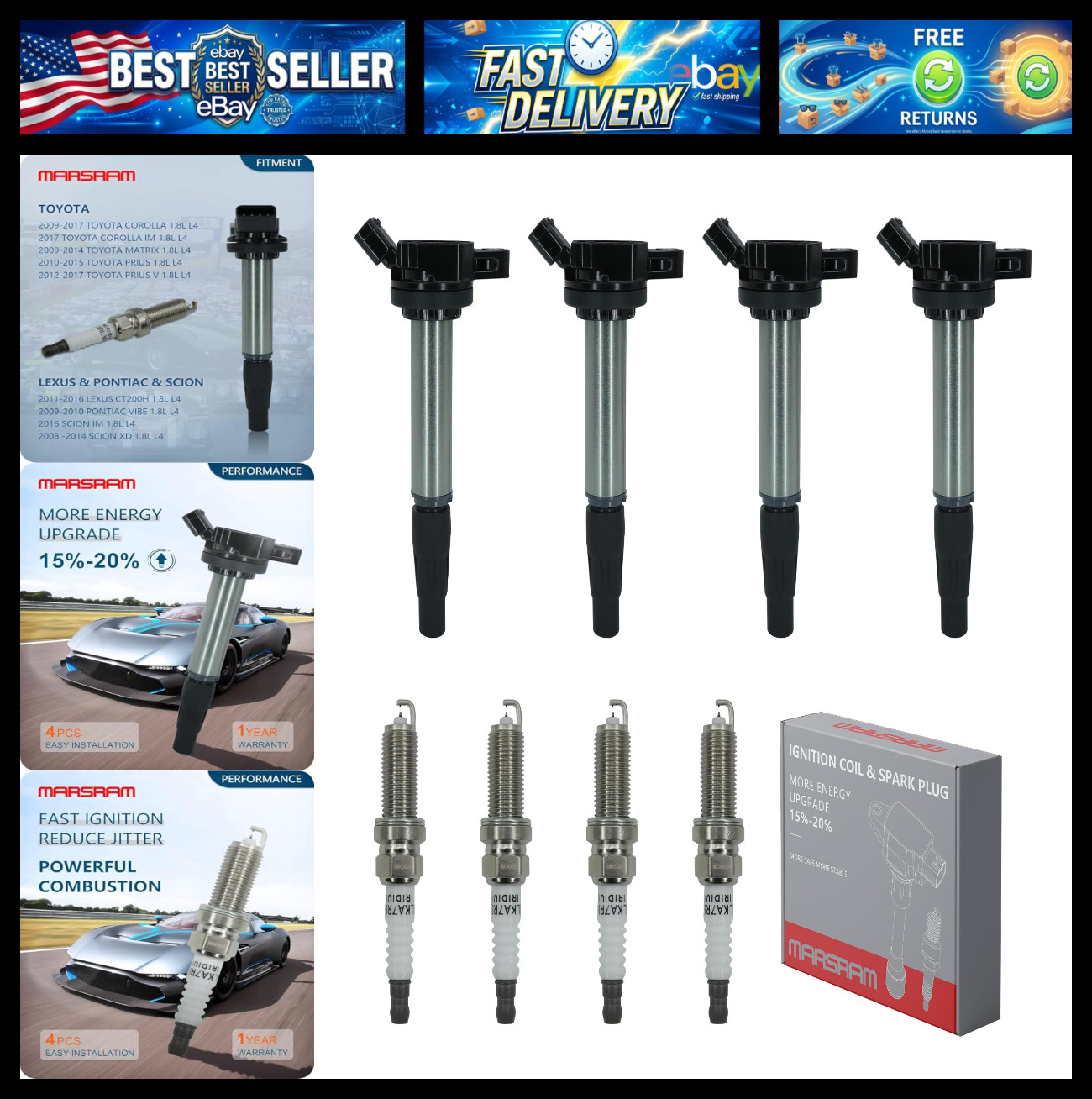 Marsram Ignition Coil Pack UF596 and Double Iridium Spark Plug 4912 Compatible w